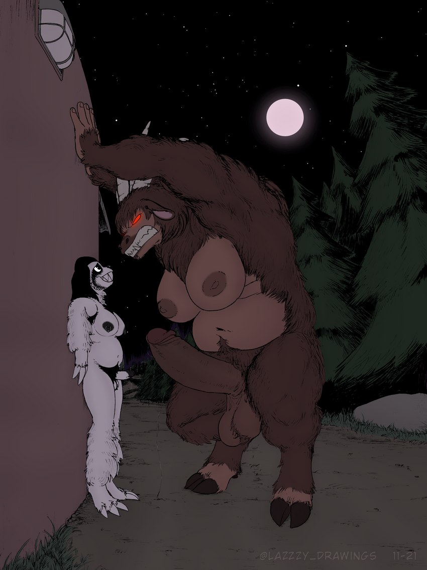 against_surface against_wall angry anthro areola armpit_hair ball_tuft balls big_balls big_breasts big_penis black_hair bodily_fluids body_hair breasts brown_body brown_fur brown_hair brown_skin claws cloven_hooves detailed_background digitigrade dripping duo erection fangs forest fur genital_fluids genitals gynomorph hair hairy happy_trail hooves huge_balls huge_penis humanoid_genitalia humanoid_penis hyper hyper_genitalia hyper_penis imminent_sex intersex inverted_nipples leaning leaning_forward leaning_on_wall light mane moon moonlight muscular muscular_anthro muscular_intersex nature navel nervous nervous_smile night nipple_piercing nipple_ring nipples nude open_mouth outside overweight overweight_anthro overweight_gynomorph overweight_intersex path penile penis penis_size_difference piercing pinned plant precum precum_drip precum_on_ground precum_on_penis precum_string pubes red_eyes ring_piercing rock sharp_teeth size_difference sky slightly_chubby slightly_chubby_anthro slightly_chubby_gynomorph slightly_chubby_intersex small_balls small_penis smile standing star starry_sky teeth teratophilia text tree tuft unguligrade white_body white_fur white_skin lazzzy_drawings european_mythology greek_mythology mythology primal_urga urga_(a_small_tool) vicky_(lazzzy_drawings) bovid bovine cattle highland_cattle hybrid mammal minotaur monster pilosan primate sloth were xenarthran 2021 absurd_res colored detailed digital_drawing_(artwork) digital_media_(artwork) english_text hi_res shaded watermark