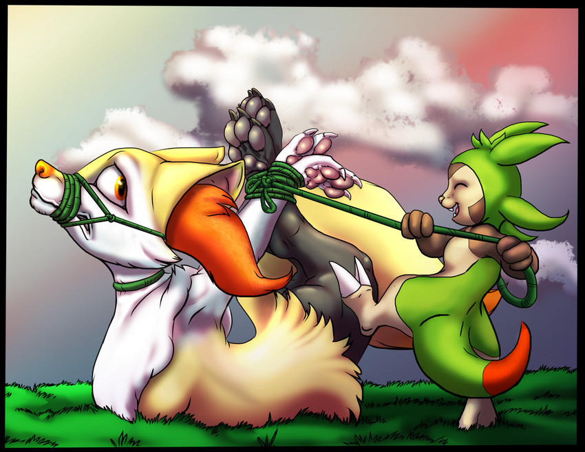 anthro bdsm bondage bound duo female gag gagged hogtied muzzle_(object) muzzled plant vine_bondage vines raptorroper nintendo pokemon cashew_(character) braixen chespin generation_6_pokemon pokemon_(species) hi_res