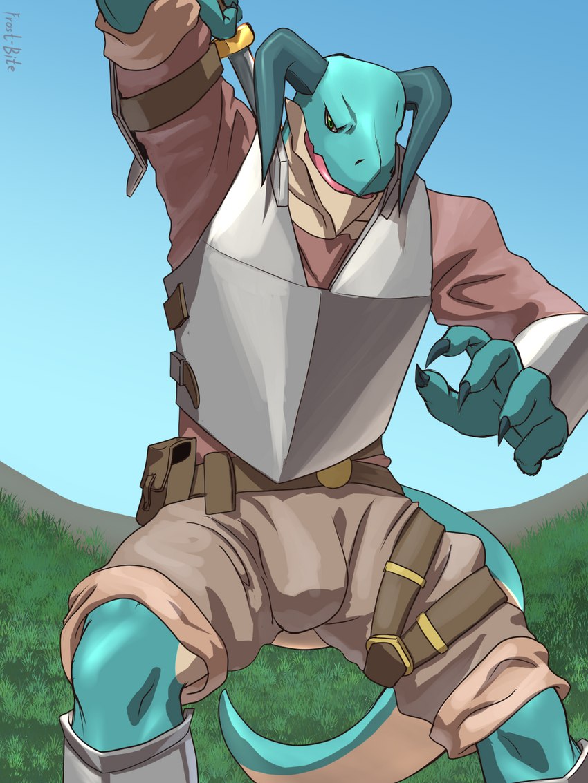 anthro belt bottomwear claws clothing grass_field horn looking_at_viewer male melee_weapon open_mouth outside shorts solo spread_legs spreading sword tail weapon frostshin grove_(game) mythology grove_(regalbuster) dragon mythological_creature mythological_scalie scalie 2022 3:4 hi_res