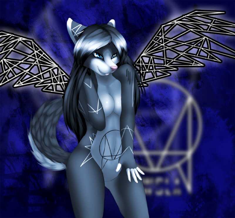 anthro blue_eyes breasts female navel pink_nose solo wings pacmancorp canid canine mammal 2013