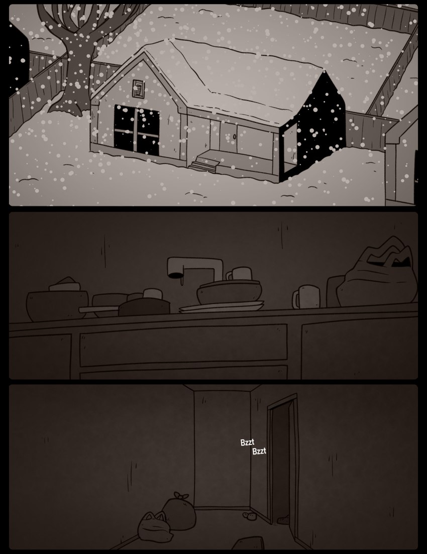 building dark_room dish house inside messy_room onomatopoeia outside snow sound_effects text trash trash_bag vibrating_phone zero_pictured whygena 2021 comic digital_media_(artwork) greyscale monochrome