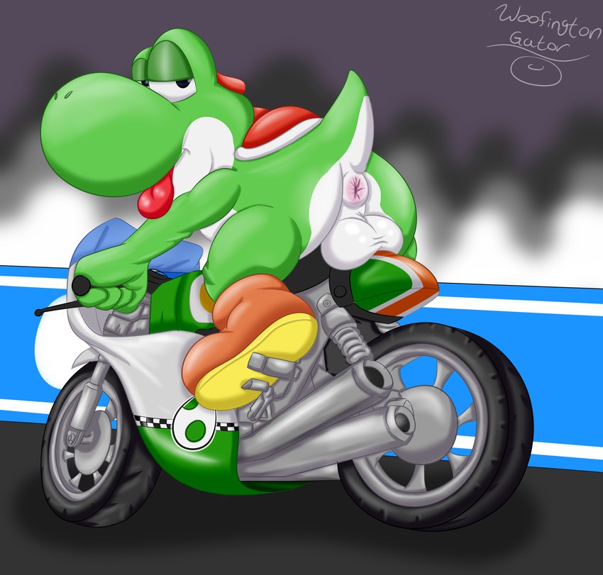 anthro anus balls big_balls butt clothed clothing footwear genitals looking_at_viewer male motorcycle nude presenting presenting_anus presenting_balls puffy_anus raised_tail saggy_balls simple_background solo tail tail_anus tongue tongue_out vehicle woofington_gator mario_bros mario_kart nintendo dinosaur green_yoshi prehistoric_species reptile scalie yoshi digital_media_(artwork) hi_res