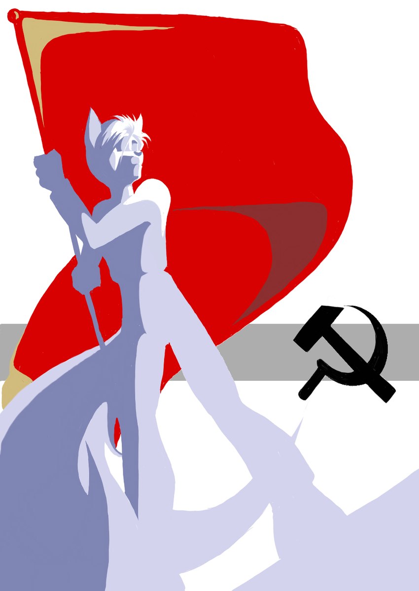 abstract_art biped communism flag flag_(object) hammer_and_sickle holding_flag holding_object male politics propaganda red_flag simple_background solo standing ashryn roland_guiscard canid canine fox mammal hi_res lol_comments