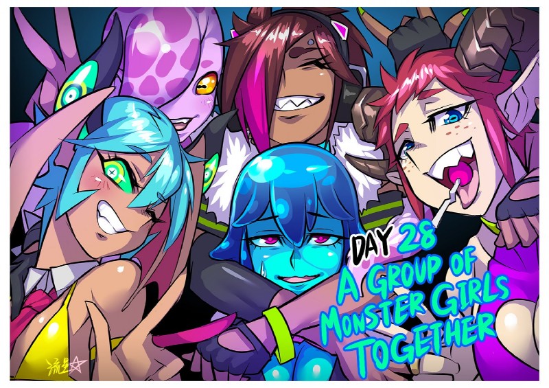 apode arms_around_another blue_body blue_eyes blue_hair breasts brown_hair cleavage cleavage_cutout clothed clothing cutout devil_horns_(gesture) eyebrows eyelashes female fingerless_gloves fingers gesture gloves green_sclera group hair hair_over_eye hand_gesture handwear head_wings highlights_(coloring) horizontal_pupils horn humanoid_pointy_ears legless light_body light_skin lollipop_in_mouth monster_girl_(genre) one_eye_closed pointy_ears pupils purple_body red_eyebrows red_hair serpentine sharp_teeth smile teeth unusual_wing_placement wings ryuusei_(mark_ii) naga_girl_(ryuusei) octomaid_(ryuusei) satyr_girl_(ryuusei) slime_girl_(ryuusei) succubus_girl_(ryuusei) animal_humanoid cephalopod cephalopod_humanoid demon demon_humanoid draconcopode goo_creature goo_humanoid horned_humanoid humanoid marine marine_humanoid mollusk mollusk_humanoid satyr succubus 2019 digital_media_(artwork)