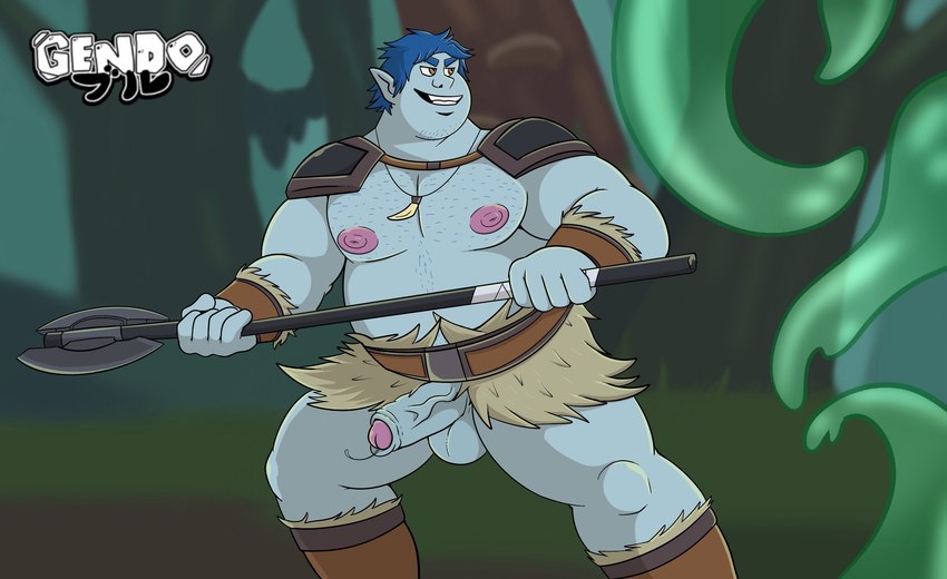 5_fingers anthro areola armor balls blue_body blue_hair blue_skin bodily_fluids collar erection fingers genital_fluids genitals gladiator hair holding_object holding_weapon humanoid_genitalia humanoid_penis humanoid_pointy_ears leaking_precum leather leather_armor male mostly_nude nipples open_mouth overweight overweight_humanoid overweight_male pecs penis precum precum_string pteruges smile solo standing vein veiny_penis warrior weapon gendomx disney onward_(2020) pixar barley_lightfoot elf humanoid digital_media_(artwork) hi_res