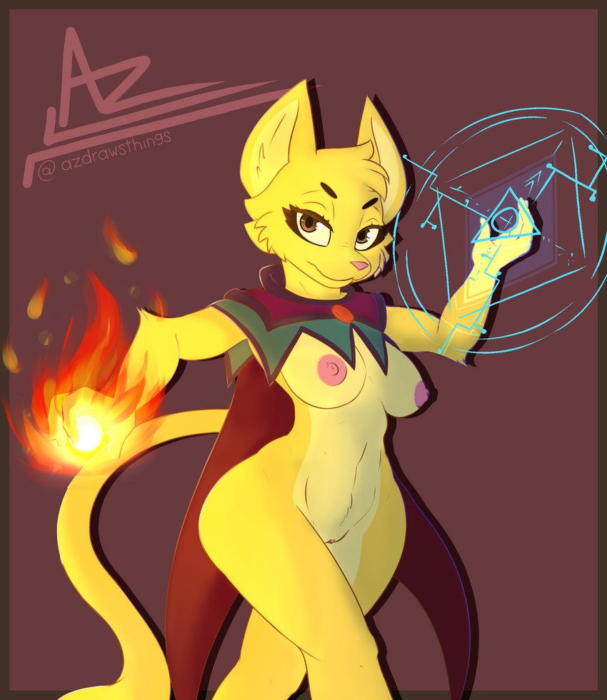 anthro breasts cape clothing female fire genitals looking_at_viewer magic mostly_nude nipples pussy solo azlech microsoft prequel_adventure the_elder_scrolls katia_managan felid khajiit mammal hi_res