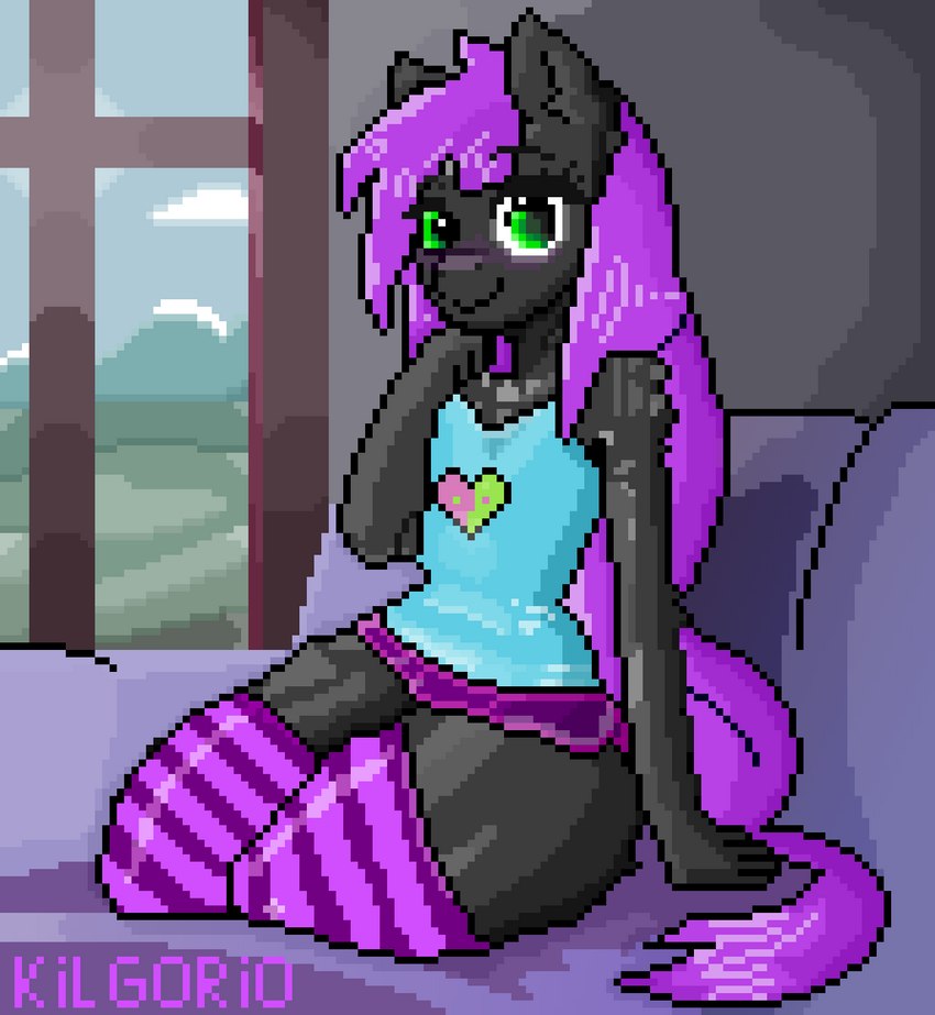 anthro anthrofied black_body black_fur bottomwear clothing detailed_background femboy footwear fur green_eyes hair legwear looking_at_viewer male pattern_clothing pattern_footwear pattern_legwear pattern_socks purple_hair shorts socks solo striped_clothing striped_footwear striped_socks stripes thigh_highs kilgorio hasbro my_little_pony fan_character lucy_violetmane earth_pony equid equine horse mammal pony digital_media_(artwork) full-length_portrait hi_res pixel_(artwork) portrait signature