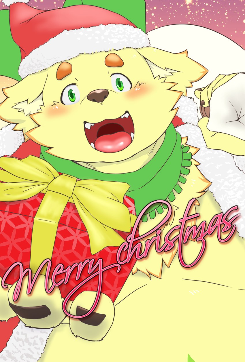 anthro belly blush christmas_clothing christmas_headwear clothing gift_bow giftbox green_eyes hat headgear headwear holidays male overweight overweight_male santa_hat solo text nameko_no_neko christmas lifewonders tokyo_afterschool_summoners cu_sith_(tas) bird_dog canid canine canis domestic_dog golden_retriever hunting_dog mammal retriever english_text hi_res