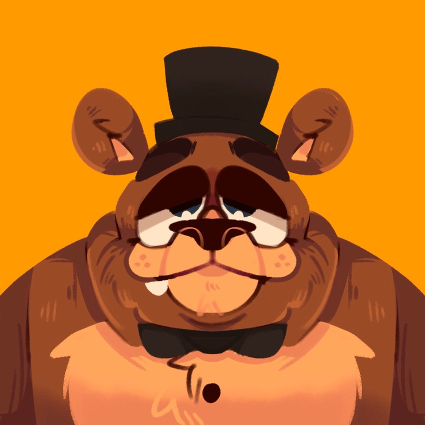 anthro big_eyes bow_tie clothing front_view hat headgear headwear looking_at_viewer machine male simple_background smile solo top_hat yellow_background scraffyraccoon five_nights_at_freddy's scottgames freddy_(fnaf) animatronic bear mammal robot 1:1 2021 bust_portrait hi_res portrait