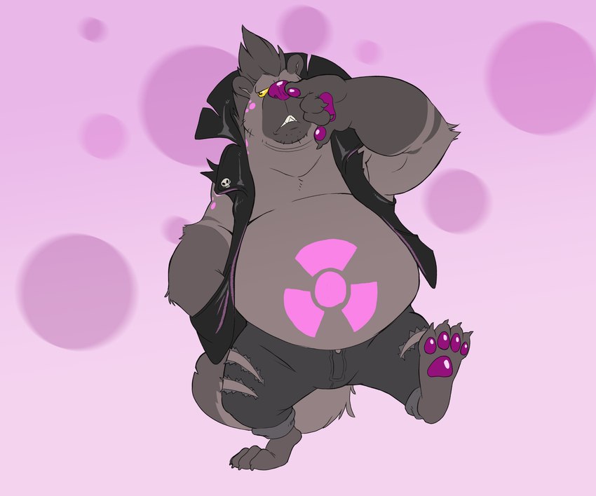 anthro belly big_belly bottomwear clothing feet hazard_symbol male overweight overweight_male pants radiation_symbol simple_background solo symbol hamsterinboxers breeze_in_the_clouds sodo_(breeze_in_the_clouds) hyena mammal 2024 absurd_res hi_res