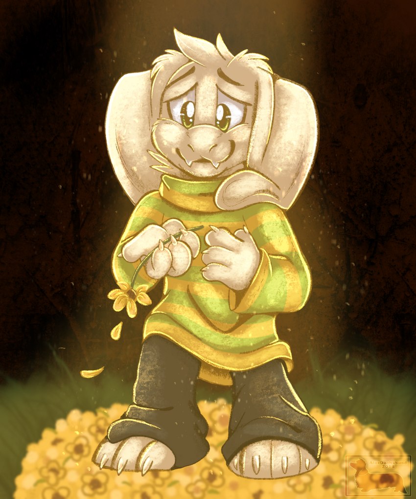 anthro black_bottomwear black_clothing black_pants bottomwear clothing flower fur green_clothing green_eyes male pants pattern_clothing petals plant sad solo striped_clothing stripes sweater topwear white_body white_fur yellow_clothing wienerdogworks undertale undertale_(series) asriel_dreemurr boss_monster_(undertale) bovid caprine goat mammal 2020 5:6 hi_res