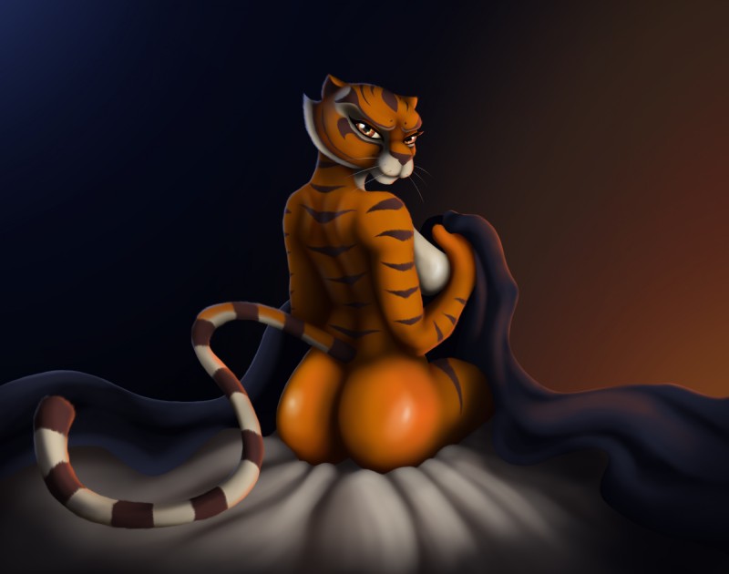 anthro bed bedding biped blanket breasts butt butt_pose female fur furniture looking_at_viewer looking_back markings orange_body orange_fur pose rear_view ring_(marking) ringed_tail simple_background sitting solo striped_markings striped_tail stripes tail tail_markings whiskers astraldog dreamworks kung_fu_panda master_tigress felid mammal pantherine tiger 2017 hi_res