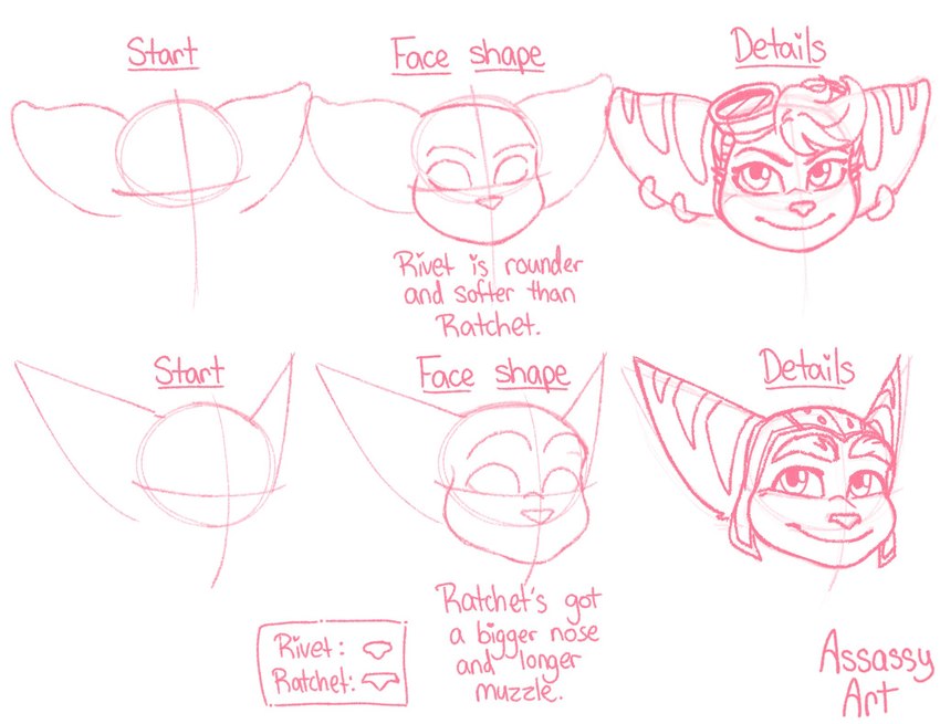 anthro clothing ear_piercing eyebrows female head_tuft headgear headwear how-to looking_at_viewer male piercing smile solo stripes text tuft assassyart ratchet_and_clank sony_corporation sony_interactive_entertainment ratchet_(ratchet_and_clank) rivet_(ratchet_and_clank) lombax mammal 2024 artist_name english_text guide_lines hi_res sketch