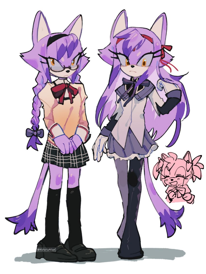 anthro clothing cosplay crossover_cosplay duo female female_anthro long_legs micro_calves micro_legs micro_thighs school_uniform thin_calves thin_legs thin_thighs uniform historiaallen puella_magi puella_magi_madoka_magica sega sonic_the_hedgehog_(series) amy_rose blaze_the_cat homura_akemi madoka_kaname domestic_cat eulipotyphlan felid feline felis hedgehog mammal 2024 3:4 crossover hi_res