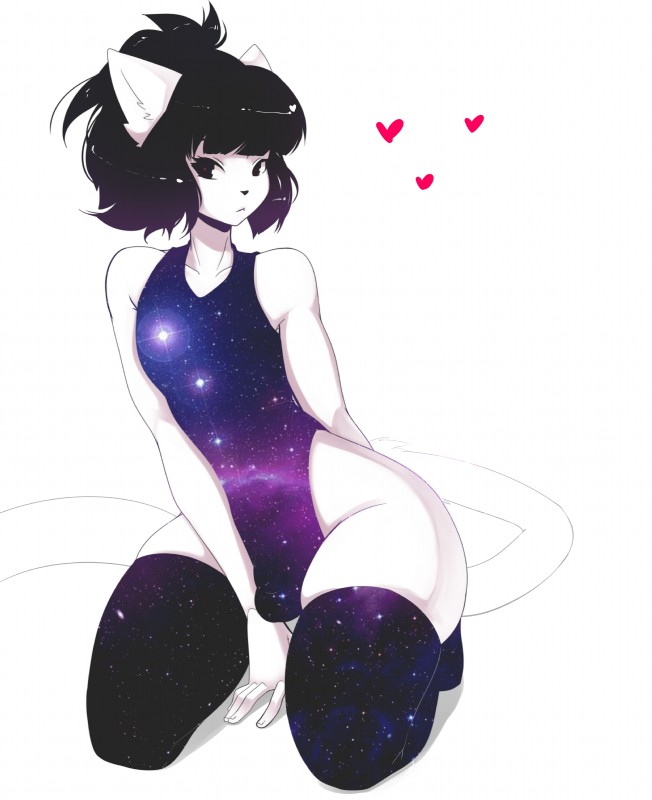 anthro biped black_eyes black_hair bulge clothed clothing femboy front_view fully_clothed hair heart_eyes heart_symbol kneeling legwear leotard looking_at_viewer male pupils red_pupils simple_background solo squish thick_thighs thigh_highs thigh_squish tight_clothing universe white_background wide_hips suelix mercy_(suelix) felid mammal absurd_res digital_media_(artwork) hi_res