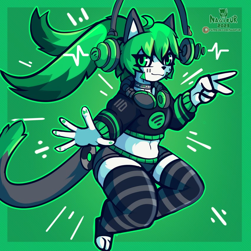 abstract_background anthro application biped clothed clothing female fur green_body green_eyes green_fur green_hair hair looking_at_viewer music personification simple_background software solo topwear nagifur spotify felid feline mammal 1:1 absurd_res digital_media_(artwork) hi_res