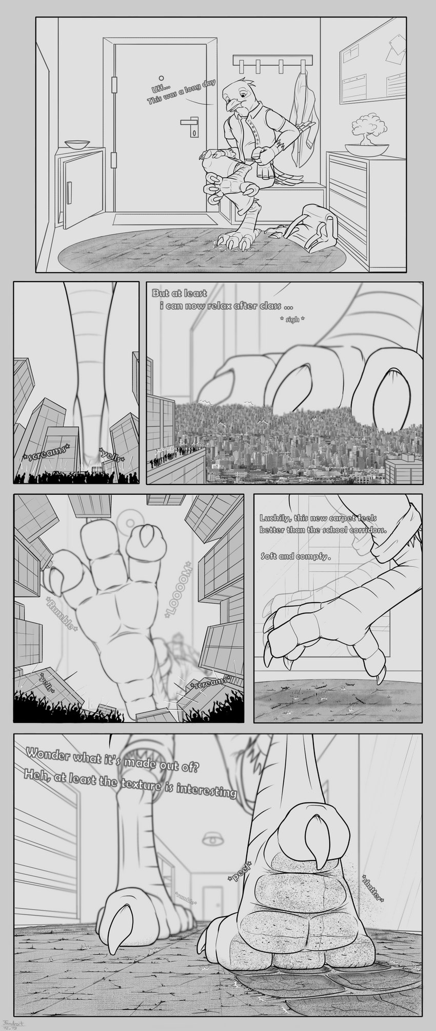 anthro avian_feet city crush feet landscape_dwarfing macro male micro oblivious stomping text fandroit drib_(fandroit) avian bird common_myna oscine passerine 2019 absurd_res english_text hi_res monochrome