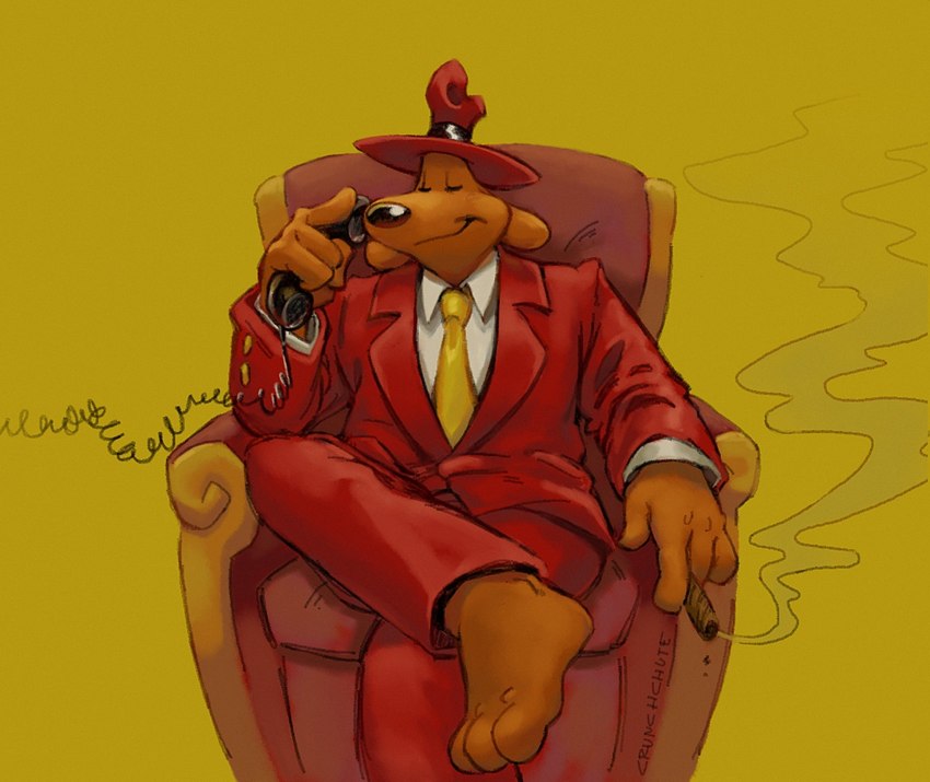 3_toes 4_fingers anthro biped black_nose brown_body brown_fur chair cigar clothing crossed_legs electronics eyes_closed feet fingers front_view fur furniture hat headgear headwear holding_object holding_phone male necktie phone plantigrade red_chair red_clothing red_hat red_headwear red_suit shirt simple_background sitting smile smoking smoking_cigar solo suit suit_jacket toes topwear undershirt white_clothing white_shirt white_topwear white_undershirt yellow_background yellow_necktie crunchchute sam_and_max samuel_dog canid canine canis domestic_dog mammal 2024 hi_res signature