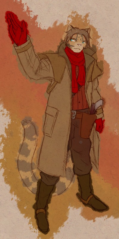 anthro blue_eyes clothed clothing hair long_hair male simple_background solo weapon tolbi konami metal_gear revolver_ocelot tolbi_angara felid feline leopardus mammal margay ocelot 2015 absurd_res hi_res traditional_media_(artwork)