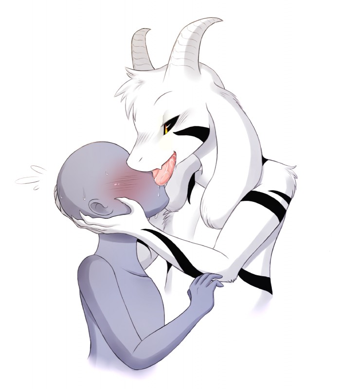 ambiguous_gender anthro big_tongue black_sclera blush bodily_fluids drooling duo extreme_french_kiss french_kissing fur hair head_grab horn human_on_anthro interspecies kissing larger_ambiguous long_ears long_tongue male male/male markings pupils saliva simple_background size_difference slit_pupils smaller_ambiguous tongue tongue_fetish tongue_out white_background white_body white_fur white_hair yellow_eyes lewdtale undertale undertale_(series) anon asriel_dreemurr_(god_form) boss_monster_(undertale) bovid caprine human mammal hi_res source_request