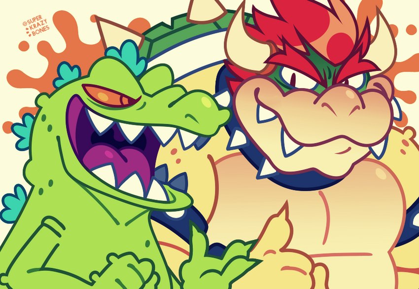 claws collar duo fangs green_body green_scales hair male orange_eyes red_eyes red_hair scales spiked_collar spikes teeth superkrazybones mario_bros nickelodeon nickelodeon_all-star_brawl nintendo rugrats super_smash_bros. bowser reptar dinosaur koopa prehistoric_species reptile scalie