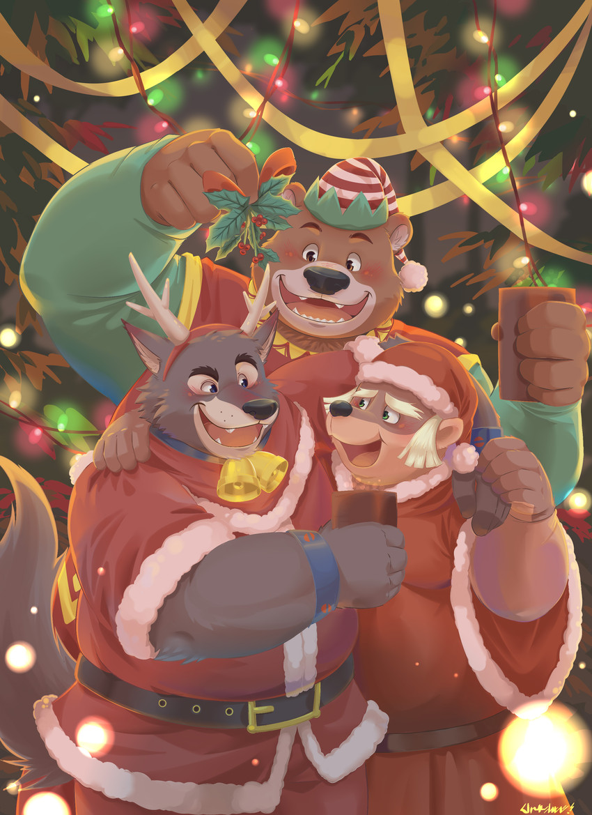 anthro arm_around_shoulders black_nose blush brown_body brown_fur christmas_clothing christmas_headwear christmas_tree clothing costume fur group hand_on_shoulder hat headgear headwear holidays holly_(plant) hug humanoid_hands male overweight overweight_male plant santa_costume santa_hat sheriff tree aotoaka smolderingbrand christmas disney robin_hood_(disney) friar_tuck little_john sheriff_of_nottingham badger bear canid canine canis mammal mustelid musteline wolf 2021 absurd_res hi_res