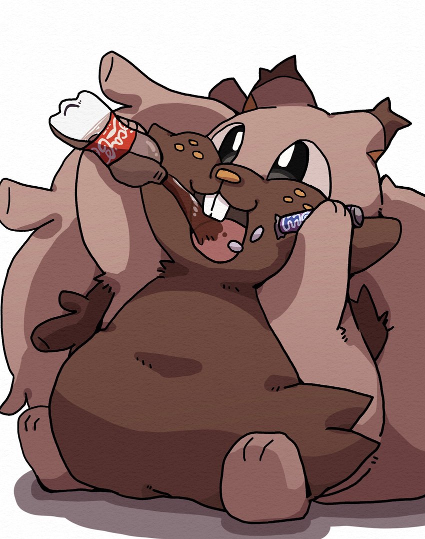 ambiguous_gender belly biped brown_body drinking feral overweight overweight_feral simple_background sitting solo ke_mo_suke coca-cola mentos nintendo pokemon generation_8_pokemon greedent pokemon_(species) 2022 hi_res