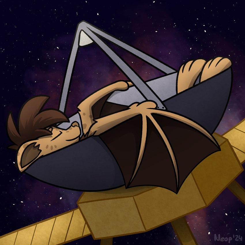 anthro brown_body brown_fur brown_hair brown_wings cosmic_background detailed_background fur hair happy lying male markings membrane_(anatomy) membranous_wings nebula neck_tuft nude on_back outside satellite satellite_dish semi-anthro sleeping solo space space_probe spots spotted_body spotted_ears spotted_face spotted_fur star toony tuft wings moemneop neop_(moemneop) bat flying_fox mammal megabat 1:1 2024 absurd_res digital_drawing_(artwork) digital_media_(artwork) hi_res shaded signature