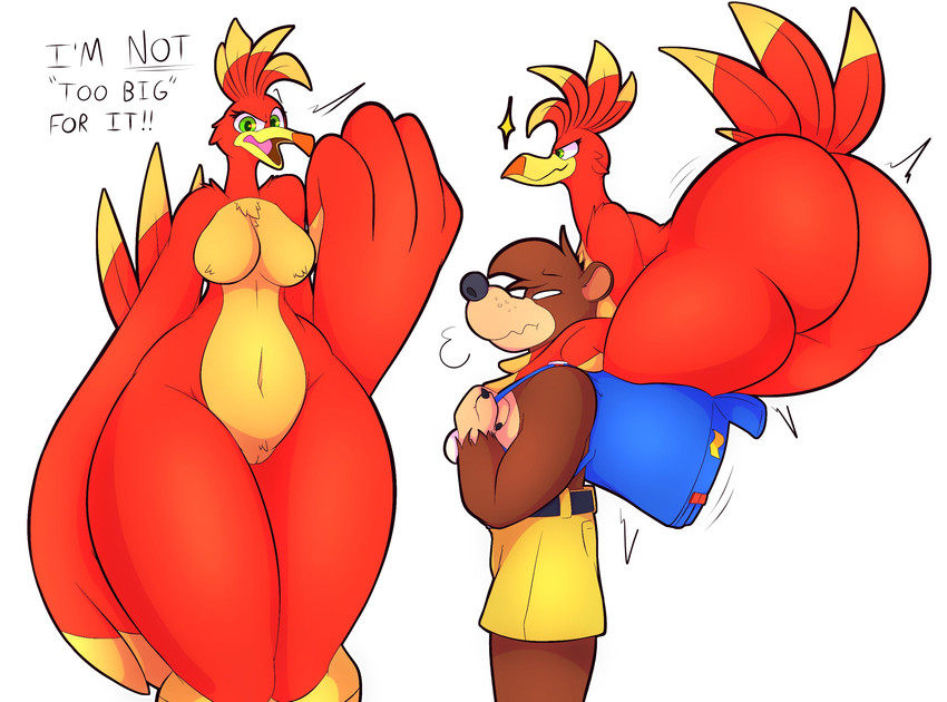 anthro backpack big_butt breasts butt duo feathers female genitals in_backpack male pussy tail tail_feathers thick_thighs wide_hips lightningfire12 banjo-kazooie rareware banjo_(banjo-kazooie) kazooie avian bear bird mammal hi_res