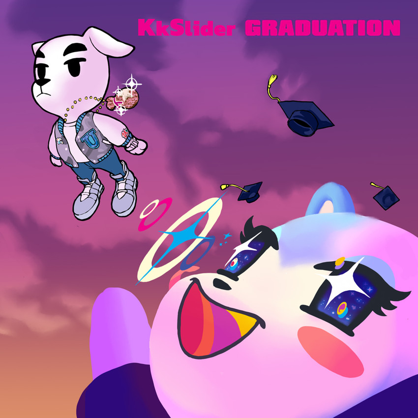 album_redraw anthro black_nose blush blush_stickers clothed clothing duo female footwear fully_clothed fur glistening glistening_eyes jacket male open_mouth open_smile parody shoes sky smile sparkles sparkling_eyes sunset superflat surrealism topwear white_body white_fur vrexwerks animal_crossing graduation_(album) k.k._slider_album_redraw kanye_west nintendo judy_(animal_crossing) k.k._slider bear canid canine canis domestic_dog mammal 1:1 album_cover cover crossover meme redraw