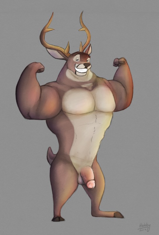 anthro antlers balls brown_body brown_fur chode circumcised flaccid flexing fur genitals half-closed_eyes horn humanoid_genitalia humanoid_penis male muscular muscular_anthro muscular_male narrowed_eyes nude penis simple_background smile solo thick_penis hehky disney zootopia deer mammal 2017 hi_res