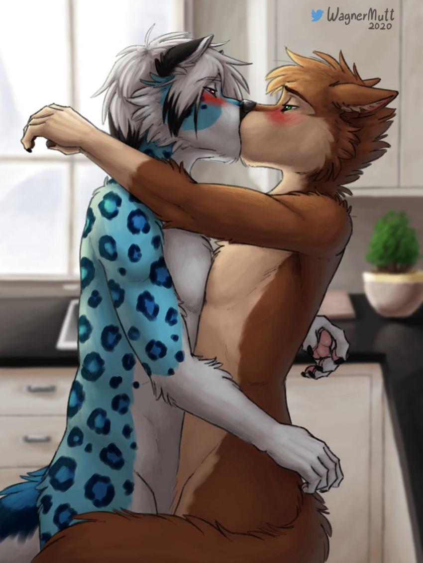 anthro blue_body blue_fur blush brown_body brown_fur brown_hair detailed_background duo eye_contact folded_ears fur green_eyes hair hug kiss_on_lips kissing kitchen looking_at_another love male male/male markings nude red_eyes romantic romantic_couple skin_contact spots spotted_body spotted_fur white_hair wagnermutt mutt_(wagnermutt) canid canine canis domestic_dog felid mammal pantherine snow_leopard 2020 3:4 digital_drawing_(artwork) digital_media_(artwork) hi_res