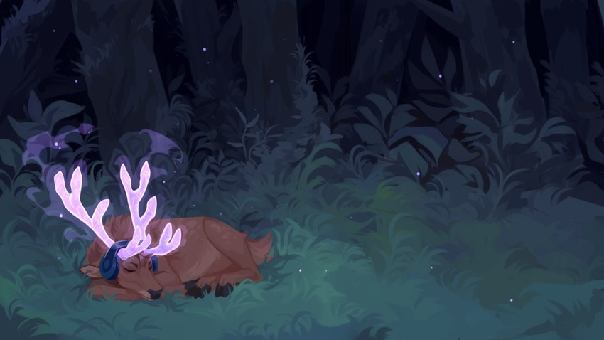 ambiguous_gender antlers black_hooves brown_body brown_fur electronics eyes_closed feral fur glowing glowing_antlers grass headphones hooves horn lying mouth_closed night on_ground outside pink_antlers plant sleeping solo tree corzh77 deer mammal 16:9 widescreen