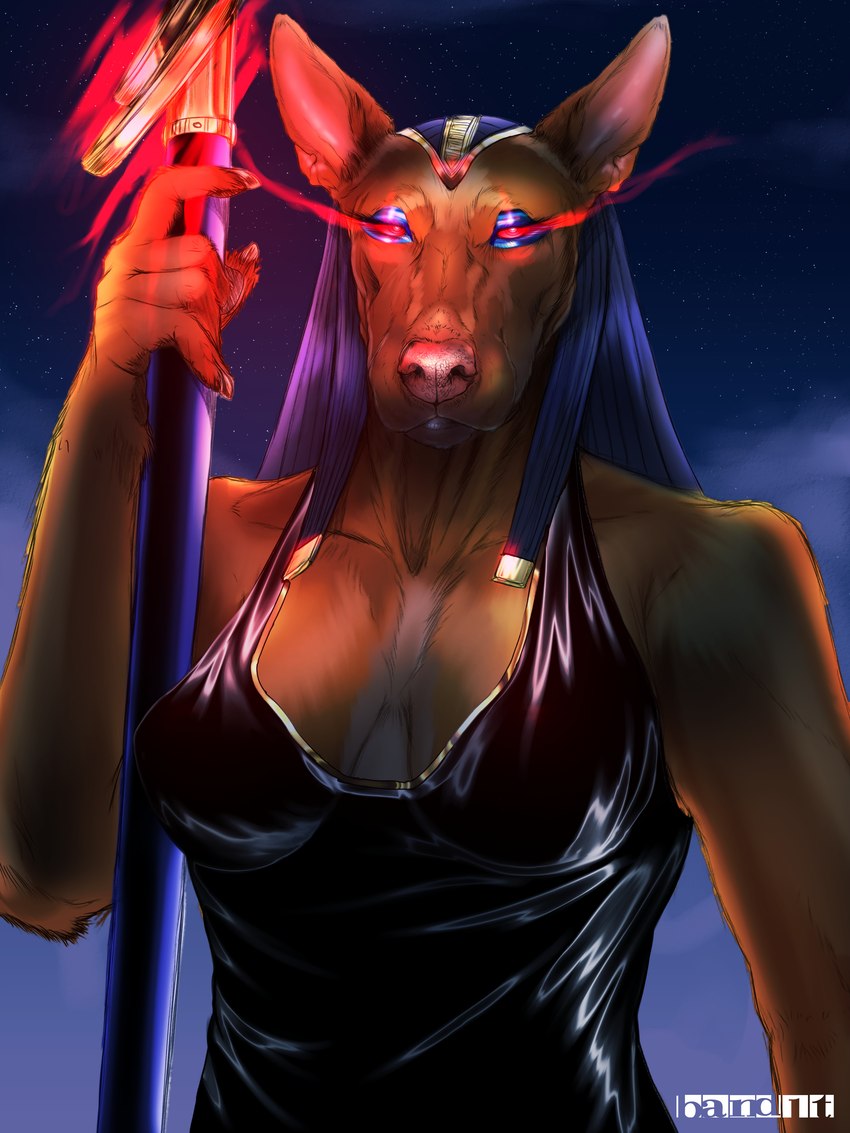 anthro big_breasts breasts clothing egyptian female glowing glowing_eyes headgear headwear looking_at_viewer makeup night solo staff band1tnsfw canid canine canis domestic_dog mammal pharaoh_hound primitive_dog 3:4 absurd_res hi_res