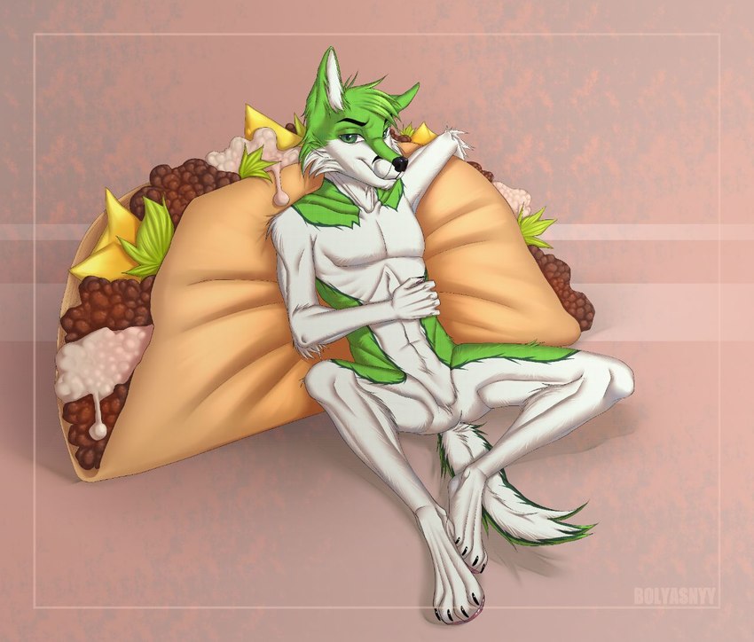 abs anthro black_nose cheese dairy_products featureless_chest featureless_crotch food fur green_body green_eyes green_fur hair lettuce male meat plant simple_background smile solo sour_cream taco vegetable white_body white_fur bolyasnyy fidget_the_fox canid canine fox mammal digital_media_(artwork)