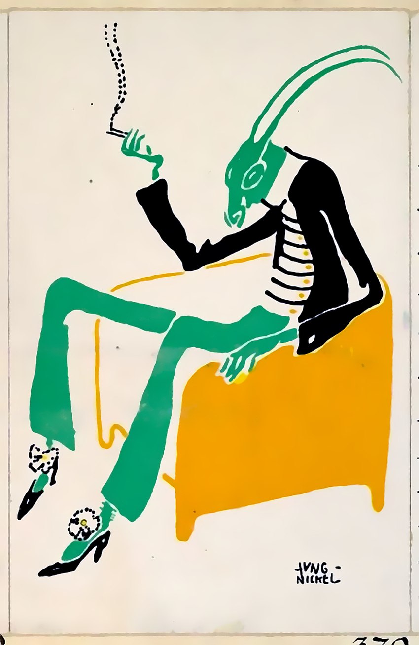 antennae_(anatomy) anthro bottomwear bow_accessory cigarette clothing footwear furniture green_body green_bottomwear green_clothing green_pants high_heels hunched_over male pants shoes simple_background sitting smoking smoking_cigarette sofa solo suit_jacket white_background ludwig_heinrich_jungnicke arthropod cricket insect orthopterid 1911 20th_century ancient_art hi_res lithograph_(artwork) traditional_media_(artwork)