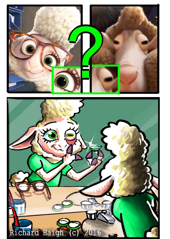 anthro contact_lenses duo eyewear female fur glasses green_eyes green_room horizontal_pupils humor inside looking_at_mirror looking_at_object male mirror pupils question_mark reflection screencap smile penmark disney zootopia dawn_bellwether doug_ramses bovid caprine domestic_sheep mammal sheep 2016 hi_res