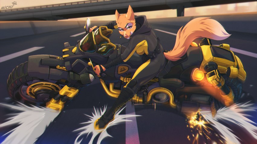 action_pose anthro breasts brown_eyes cyberpunk dipstick_tail eyebrow_piercing facial_piercing female looking_at_viewer markings motorcycle piercing pose power_slide riding side_boob sliding solo tail tail_markings vehicle galacticmichi akira_(film) akira_slide dreamworks the_bad_guys diane_foxington canid canine fox mammal 16:9 hi_res meme widescreen