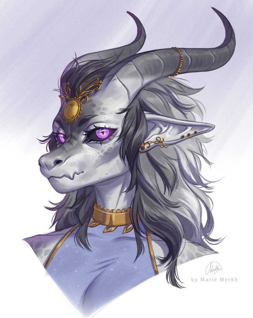 anthro black_sclera ear_piercing ear_stud ears_back eyelashes female glistening glistening_eyes grey_body grey_hair grey_horn hair horn mouth_closed piercing pivoted_ears purple_eyes solo white_body marie_merkh mythology dragon mythological_creature mythological_scalie scalie artist_name bust_portrait hi_res portrait signature