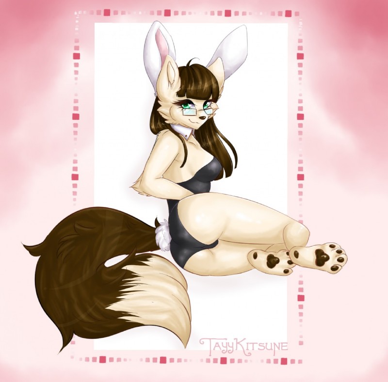 anthro bunny_costume clothing costume eyewear fake_ears fake_rabbit_ears fox_tail glasses simple_background solo tayykitsune carrot_kingdom maomaogames felid lagomorph mammal jinny_(disambiguation) hi_res