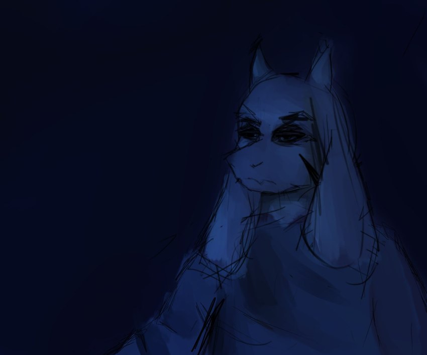 anthro male solo tired_eyes ebolaa333 undertale undertale_(series) asriel_dreemurr asriel_dreemurr_(god_form) bovid caprine goat mammal black_and_blue hi_res monochrome