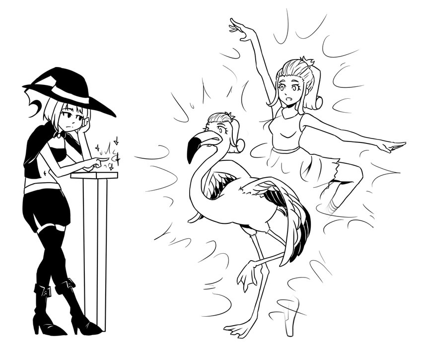 before_and_after bored bottomwear breasts clothed clothing duo female feral footwear hair human_to_feral magic magic_user navel open_mouth shoes short_hair simple_background skirt species_transformation standing surprise transformation white_background witch xbc9 avian bird flamingo human mammal 2018 monochrome