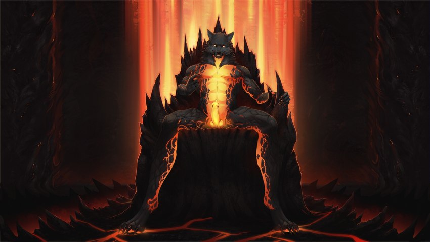 animal_genitalia animal_penis anthro athletic athletic_anthro athletic_male beckoning black_body black_fur canine_genitalia canine_penis chair claws digitigrade erection fangs fur furniture genitals gesture glowing glowing_body glowing_eyes glowing_genitalia glowing_penis hand_gesture inviting knot lava looking_at_viewer low-angle_view male nude orange_body paws penis sitting smile solo spread_legs spreading teeth throne volcano reymur mythology canid canine canis mammal mythological_canine mythological_creature werecanid werecanine werecreature werewolf wolf detailed hi_res wallpaper