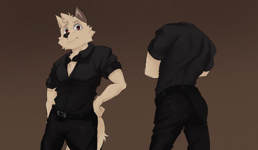 anthro belt bottomwear bow_tie butt clothing dress_shirt hair male muscular pants red_eyes shirt simple_background solo standing topwear white_body rygel_spkb sebastien_(rygel_spkb) canid canine canis mammal wolf hi_res