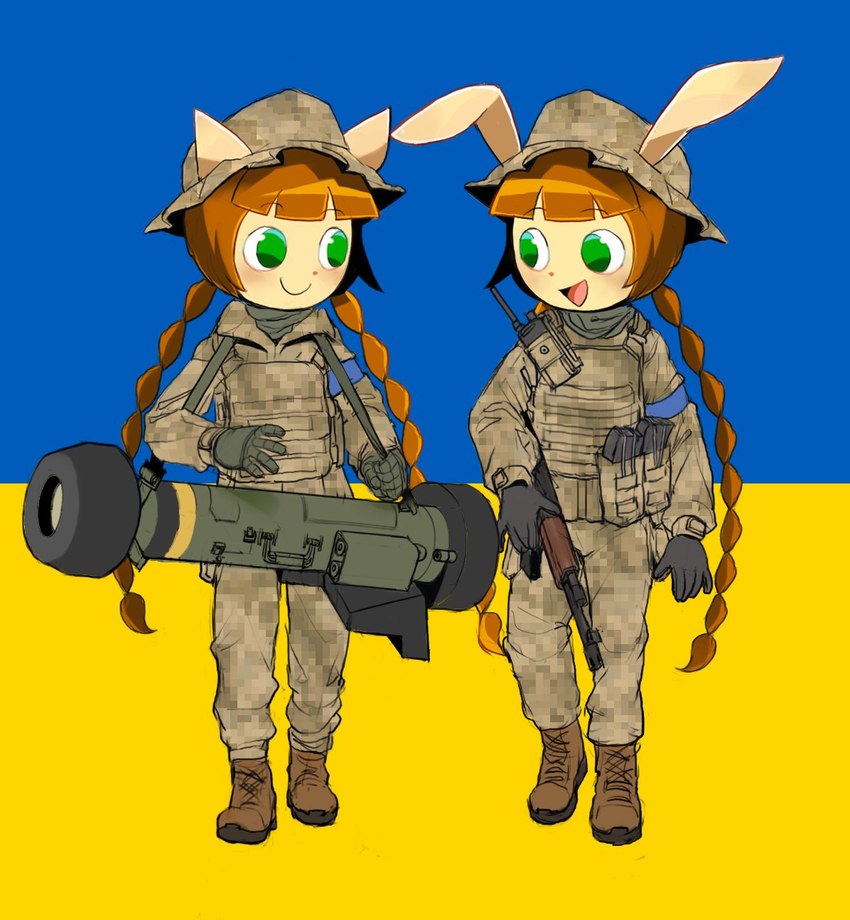 anthro clothing duo female footwear gun military_uniform politics ranged_weapon rocket_launcher shoes ukrainian_flag uniform weapon kinshi76 bemani konami pop'n_music russo-ukrainian_war mimi_(pop'n_music) nyami_(pop'n_music) domestic_cat felid feline felis lagomorph leporid mammal rabbit 2023 hi_res unavailable_at_source