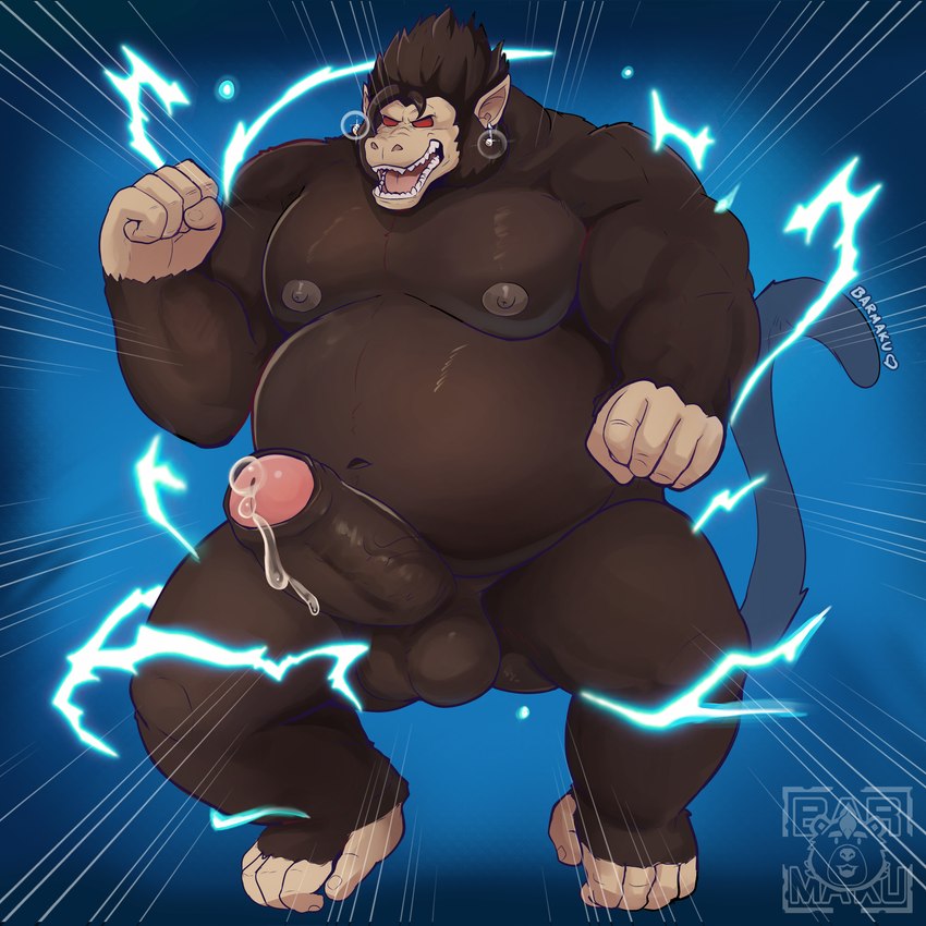 anthro balls belly bodily_fluids brown_body brown_fur erection fur genitals humanoid_genitalia humanoid_penis male muscular muscular_male overweight overweight_male penis potara_ear_ring red_eyes solo tail barmaku dragon_ball dragon_ball_z vegito mammal oozaru primate saiyan 1:1 absurd_res hi_res