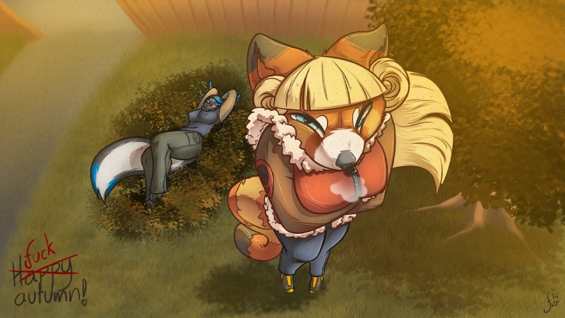 anthro autumn big_breasts black_hair blonde_hair blue_eyes bottomwear breasts cargo_pants clothed clothing cold duo female fence grass grumpy hair hoodie jacket leaf leaf_pile lounging pants plant shrub topwear yard feretta feretta_(character) ruzha ailurid mammal red_panda unknown_species 16:9 digital_media_(artwork) hi_res shaded widescreen