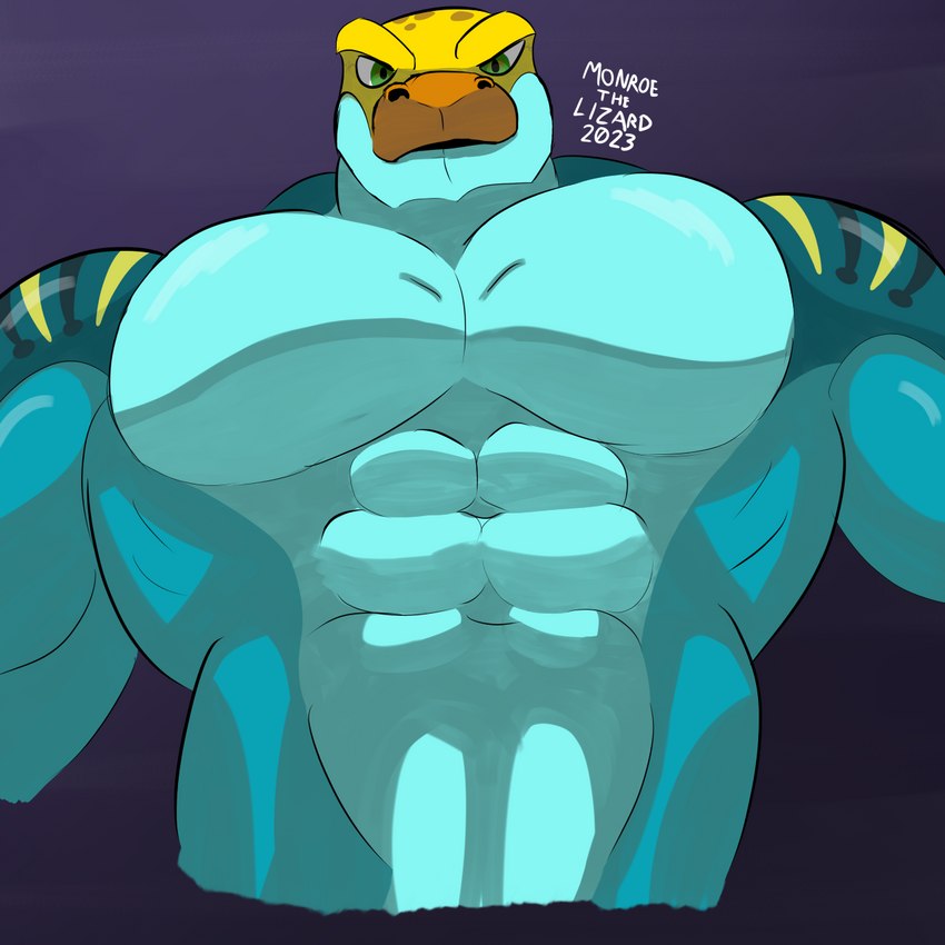 abs anthro bedroom_eyes biceps big_muscles big_pecs blue_body blue_scales countershade_torso countershading deltoids green_eyes huge_muscles huge_pecs looking_at_viewer looking_down looking_down_at_viewer low-angle_view male markings multicolored_body multicolored_scales muscular muscular_anthro muscular_male narrowed_eyes nude open_mouth orange_body orange_scales pecs scales seductive simple_background solo spots spotted_markings striped_markings stripes suggestive traps yellow_body yellow_scales monroethelizard monroe_lehner collared_lizard common_collared_lizard lizard reptile scalie 1:1 2023 digital_media_(artwork) digital_painting_(artwork) hi_res shaded signature