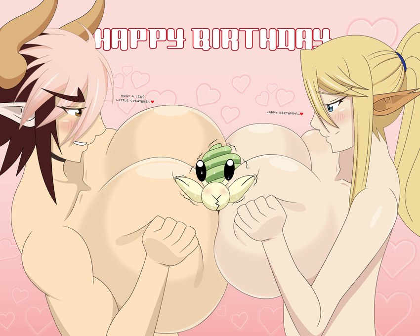 animal_ears bedroom_eyes big_breasts blush breast_squish breasts duo female happy_birthday horse_ears huge_breasts monster_girl_(genre) narrowed_eyes nude seductive smile squish text crowns_(artist) european_mythology greek_mythology monster_musume mythology cathyl_(monster_musume) centorea_shianus_(monster_musume) arthropod bovid bovine cattle crustacean equid equine hermit_crab horse humanoid malacostracan mammal marine minotaur absurd_res english_text hi_res