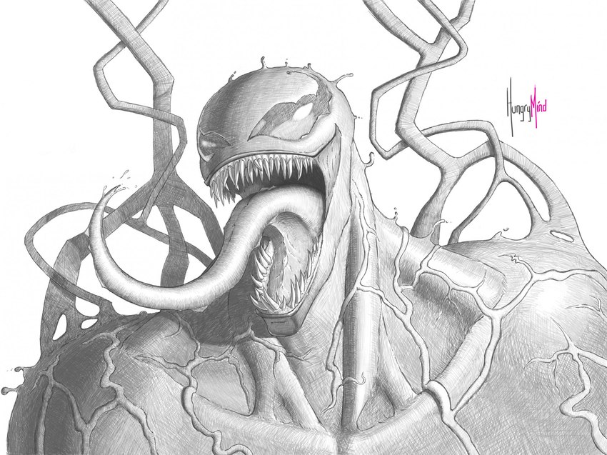 close-up empty_eyes long_tongue male muscular not_furry open_mouth sharp_teeth simple_background solo teeth tendrils tongue tongue_out hungrymind_(artist) marvel venom_(marvel) alien alien_humanoid humanoid symbiote hi_res monochrome